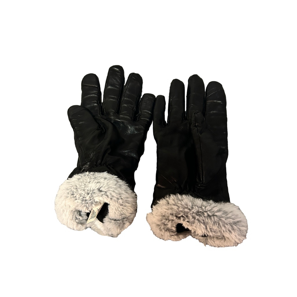 Isotoner Black Genuine Leather Gloves Fur Trim Womens - Picture 3 of 7